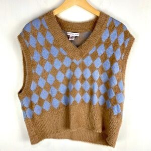 Sincerely Jules Argyle Print V-Neck Sleeveless Shirt Sweater Vest Top Size Large